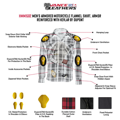 Mens Armored Motorcycle Flannel Shirt, Armor Reinforced with Kevlar by DuPont