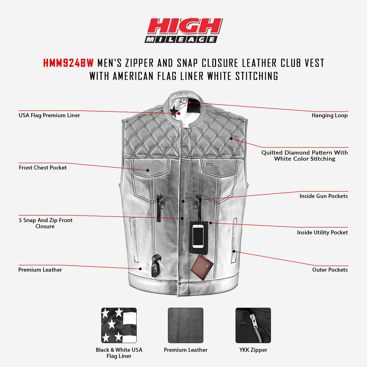 Vance High Mileage Men's Leather Club Vest w/American Flag Liner, Black/White