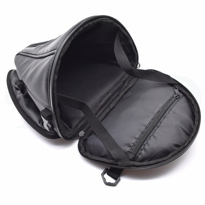A Waterproof Motorcycle Back Seat Tail Bag with a zippered compartment and expandable feature.