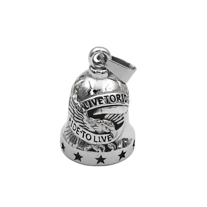 Silver gremlin bell with Live to Ride lettering for motorcycle good luck charm