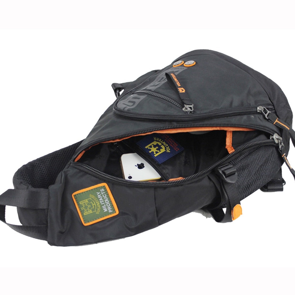 A Biker Sling Backpack Single Strap Rucksack, Waterproof Oxford with a cell phone inside.