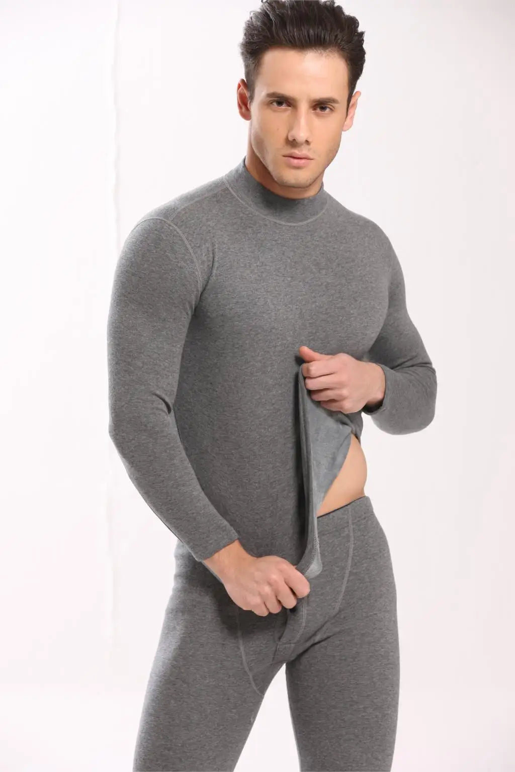 Alr™ Men's Thermal Underwear Set - Fleece-Lined Cotton Long Johns, Gray