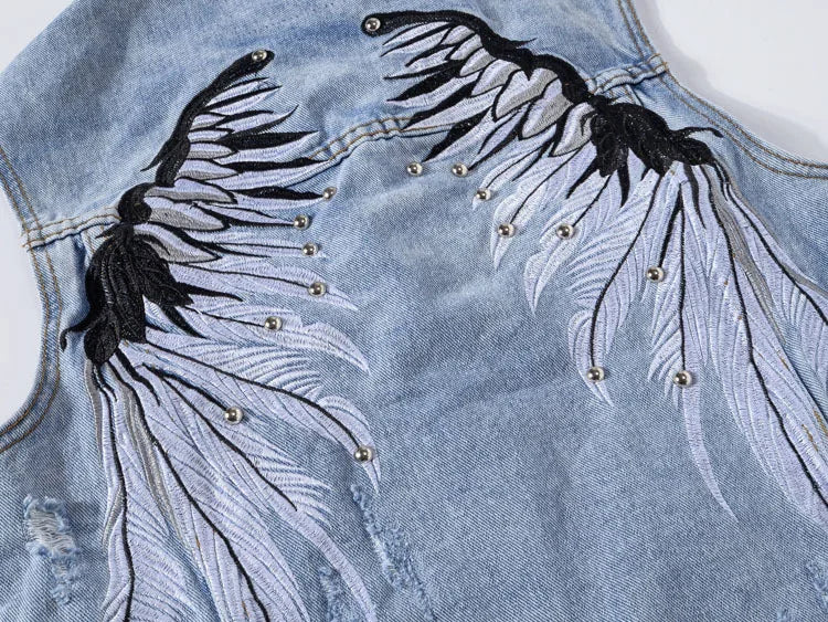 Alr™ Men's Ripped Denim Vest with Wing Embroidery