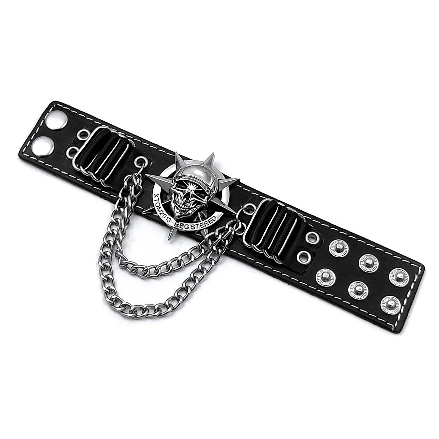 Men's Skull Steampunk Biker Leather Gloves with a skull and chain.