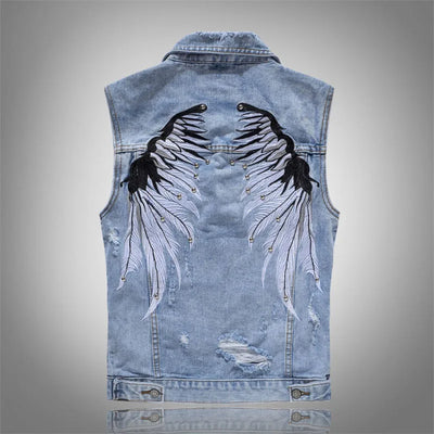 Alr™ Men's Ripped Denim Vest with Wing Embroidery