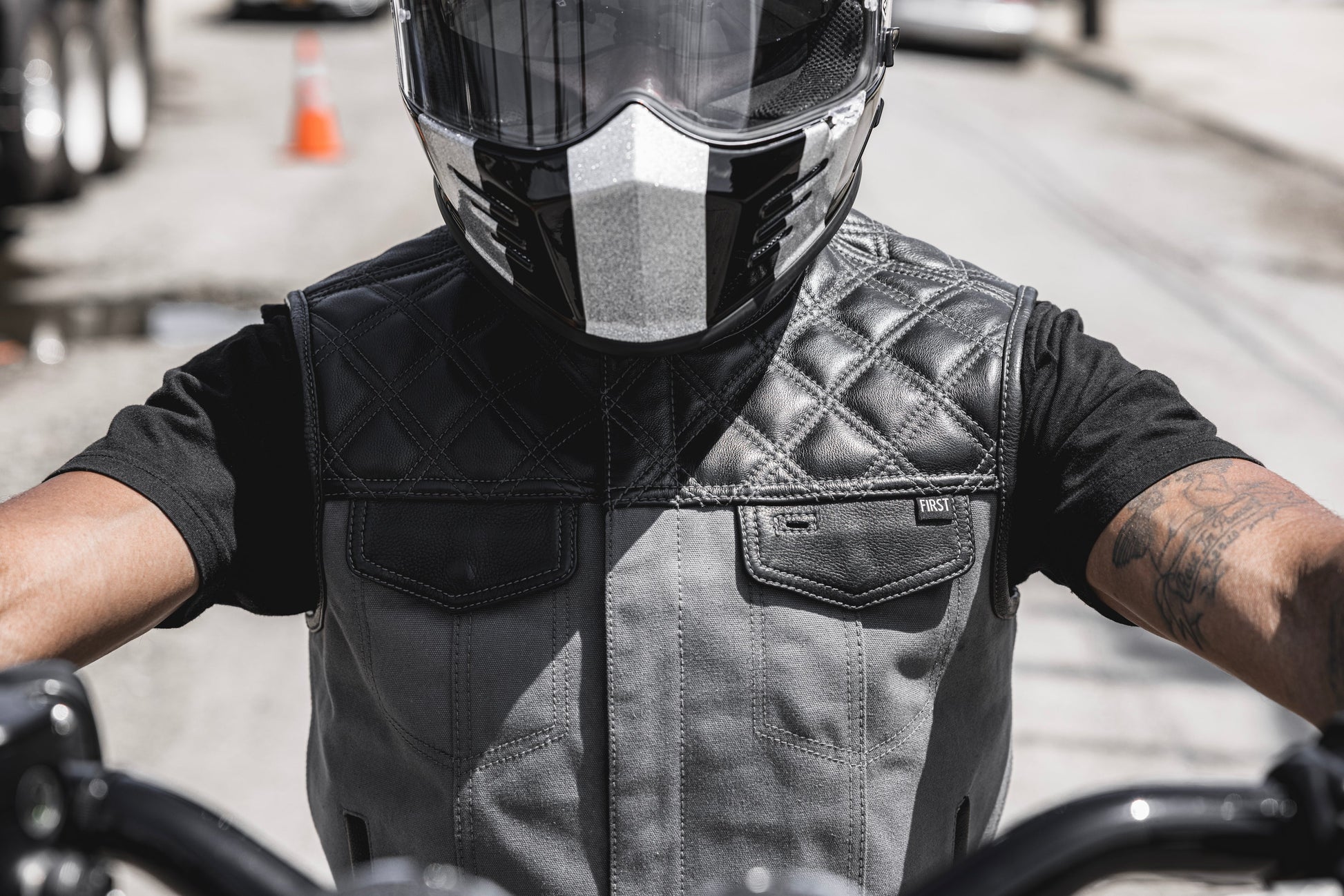 Hunt Club Motorcycle Leather Canvas Vest Grey Men's Canvas Vests Vests