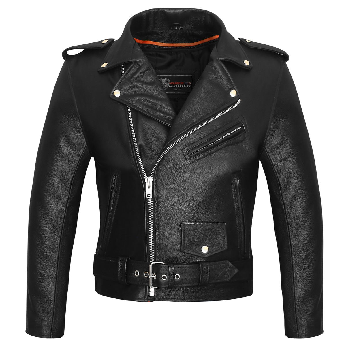 Vance Classic Police Style Black Leather Motorcycle Jacket with Quilted Liner