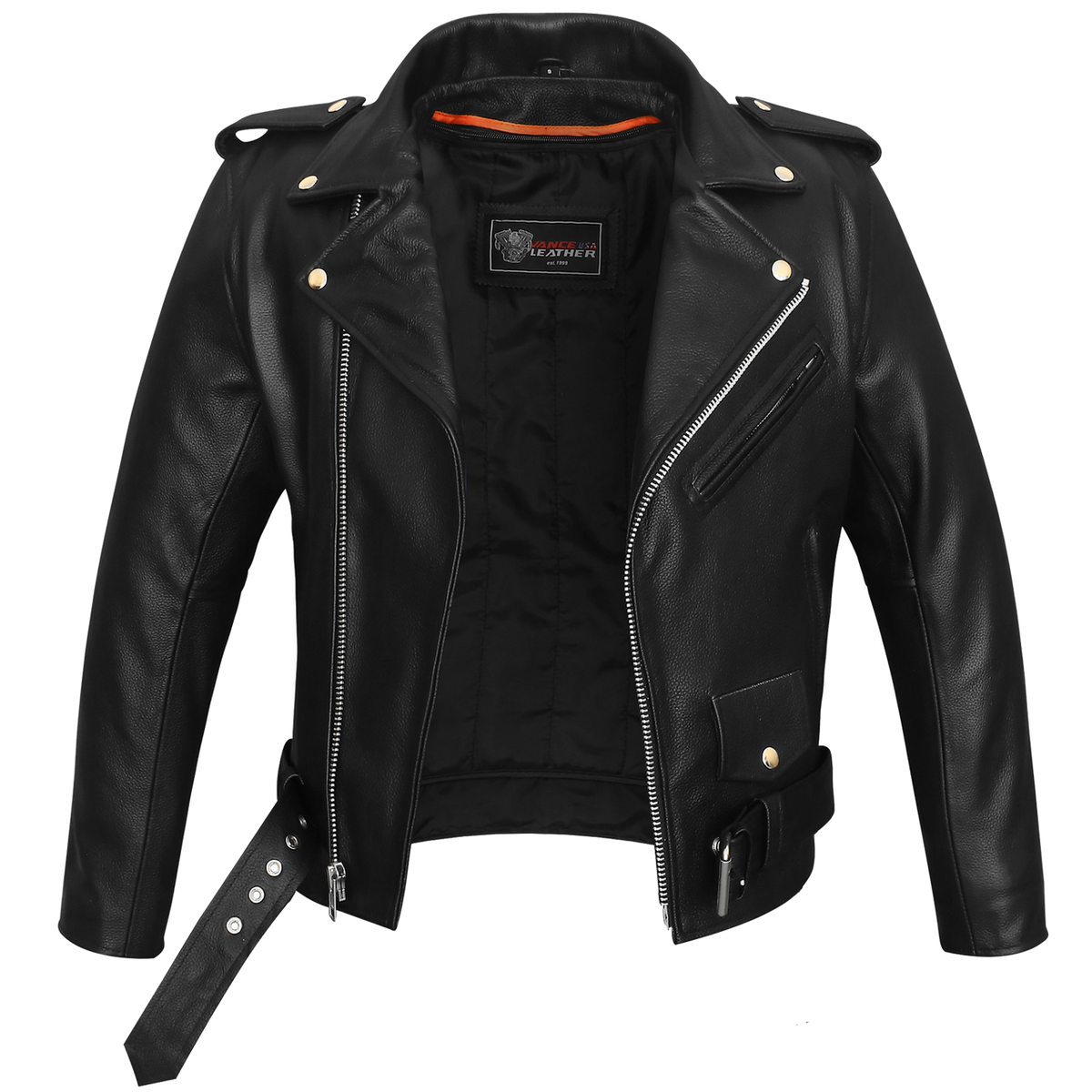 Vance Classic Police Style Black Leather Motorcycle Jacket with Quilted Liner