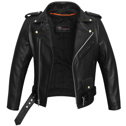Vance Classic Police Style Black Leather Motorcycle Jacket with Quilted Liner