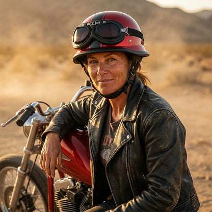 Rider wearing the glossy red German helmet with vintage goggles