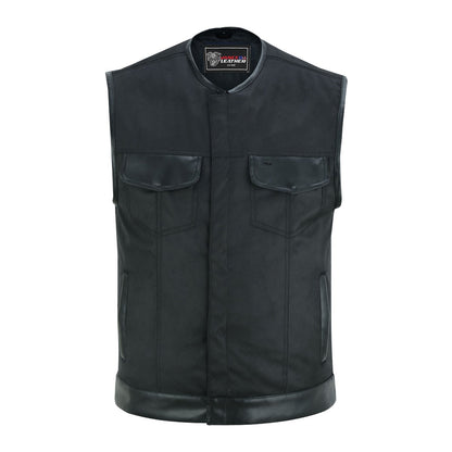 Men's Premium Black Textile Collarless Motorcycle Club Vest with Leather Trims
