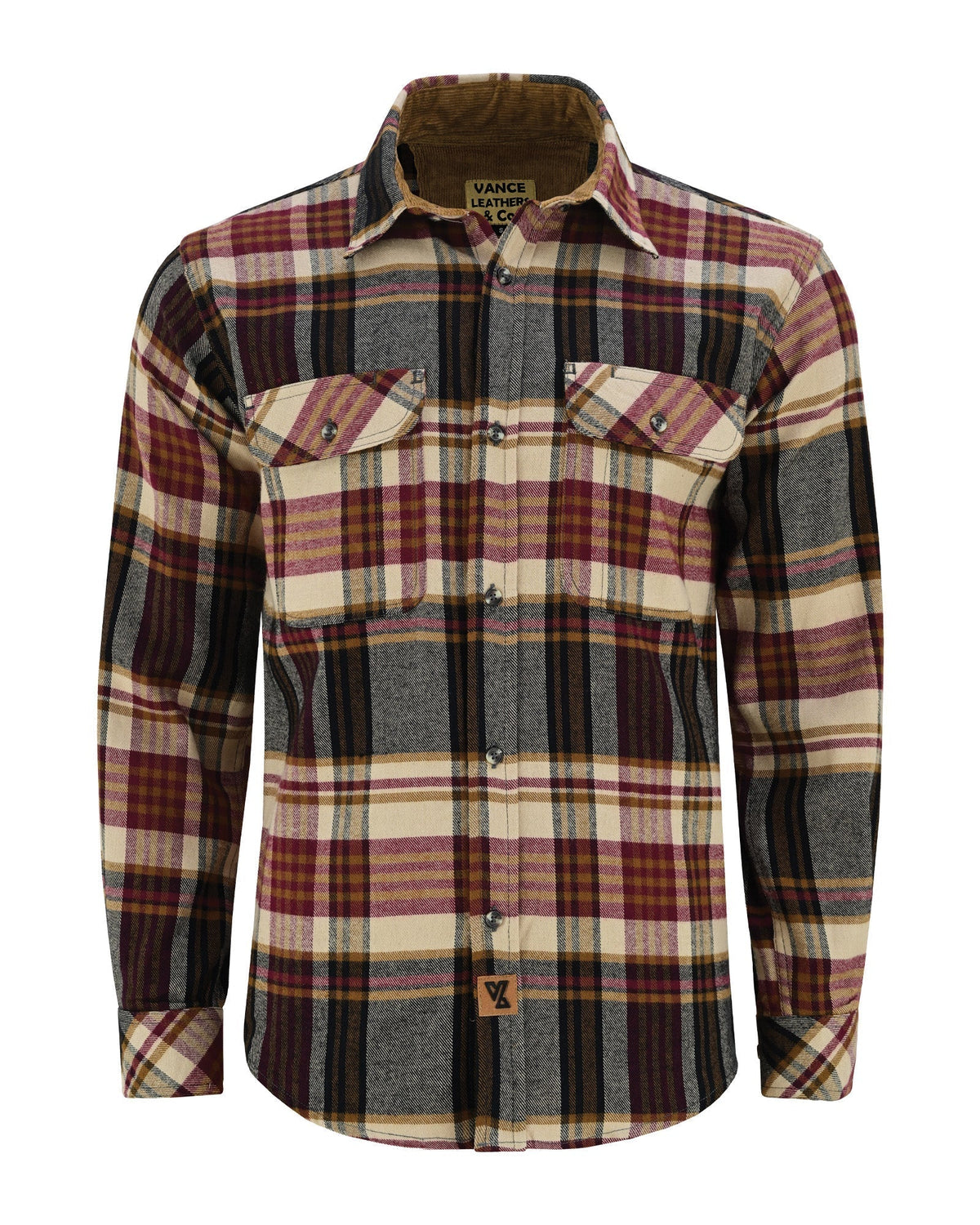 Vance Leather VB1718MCr Men's Cedarwood Plaid Long Sleeve Plaid Button Down Casual Flannel Shirt, 100% Cotton, Corduroy Cuffs