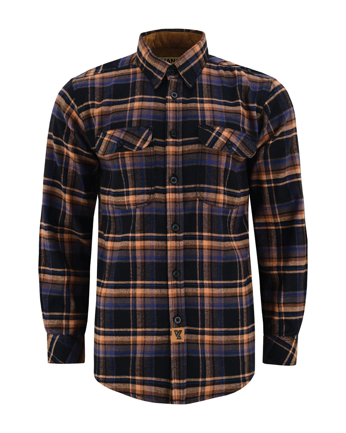 Vance Leather VB1712BT Men's Lumberjacket Midnight Rust Long Sleeve Plaid Button Down Casual Flannel Shirt, 100% Cotton, Corduroy Cuffs