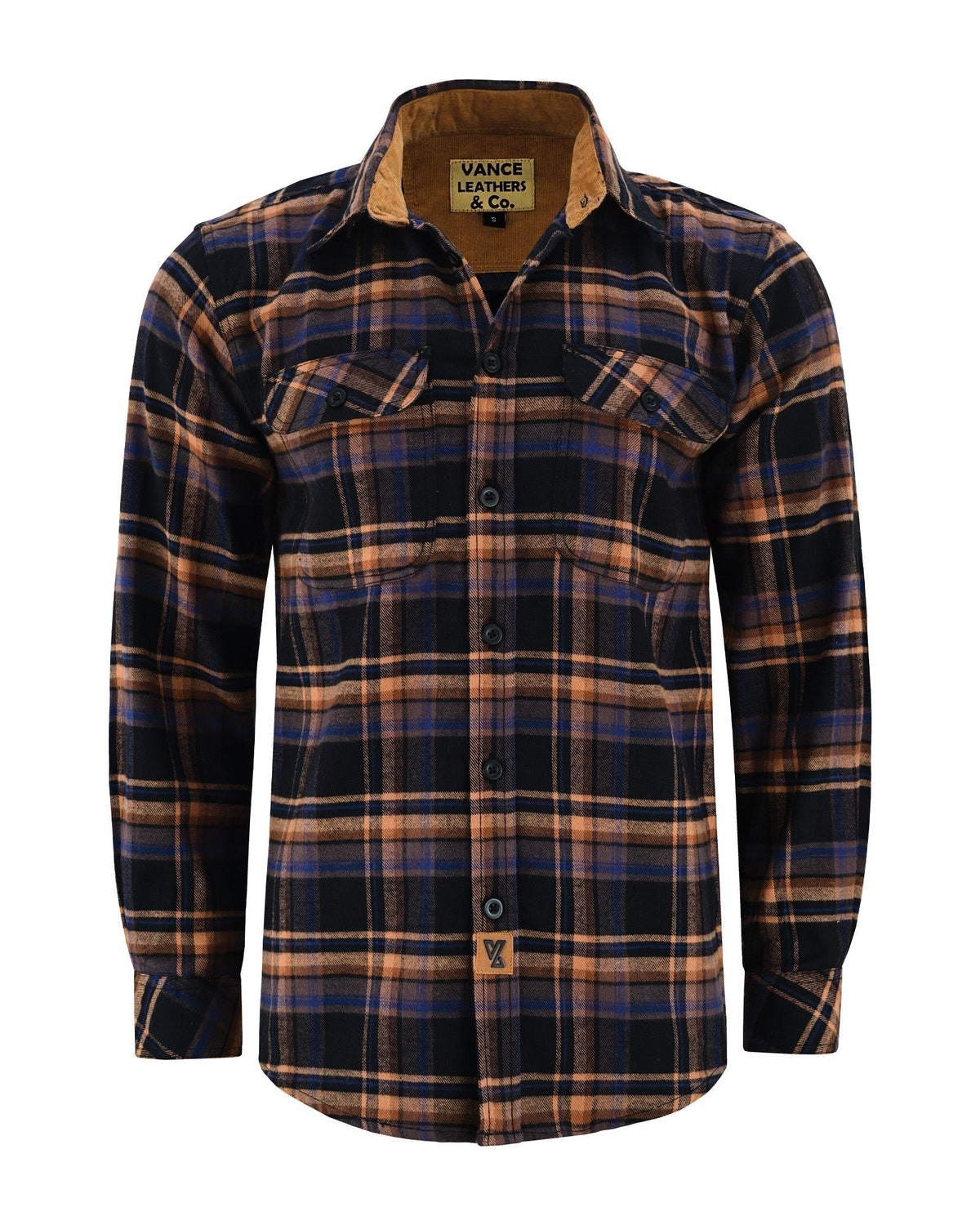 Vance Leather VB1712BT Men's Lumberjacket Midnight Rust Long Sleeve Plaid Button Down Casual Flannel Shirt, 100% Cotton, Corduroy Cuffs