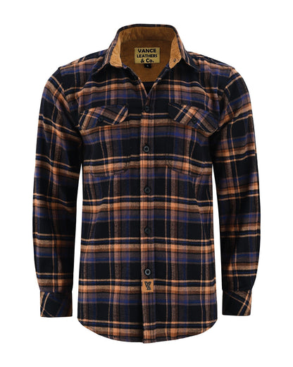 Vance Leather VB1712BT Men's Lumberjacket Midnight Rust Long Sleeve Plaid Button Down Casual Flannel Shirt, 100% Cotton, Corduroy Cuffs