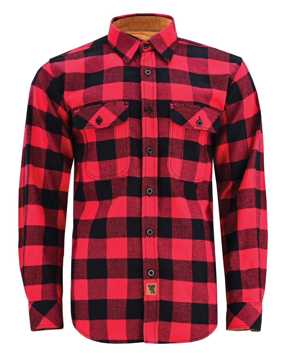 Vance Leather VB1710Br Men's Classic Red Long Sleeve Plaid Button Down Casual Flannel Shirt, 100% Cotton, Corduroy Cuffs