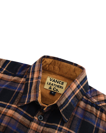 Vance Leather VB1712BT Men's Lumberjacket Midnight Rust Long Sleeve Plaid Button Down Casual Flannel Shirt, 100% Cotton, Corduroy Cuffs
