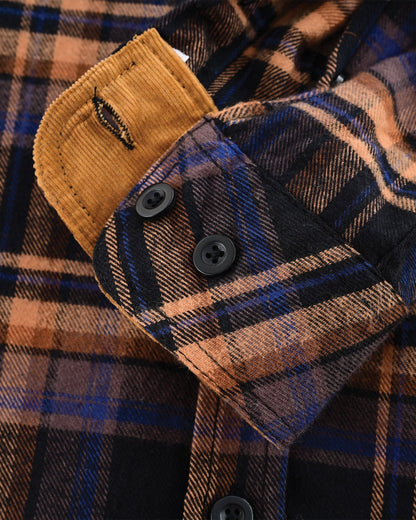 Vance Leather VB1712BT Men's Lumberjacket Midnight Rust Long Sleeve Plaid Button Down Casual Flannel Shirt, 100% Cotton, Corduroy Cuffs