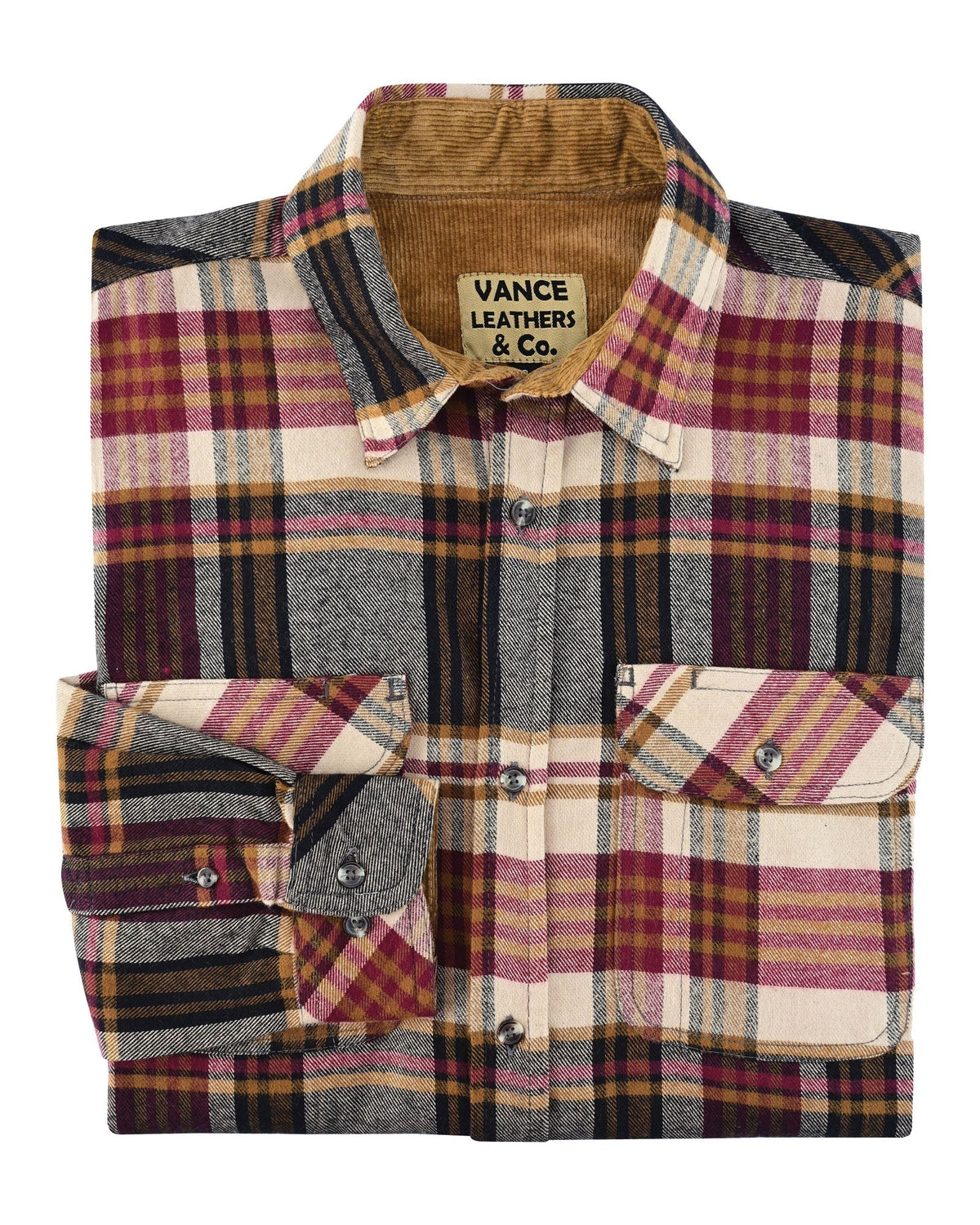 Vance Leather VB1718MCr Men's Cedarwood Plaid Long Sleeve Plaid Button Down Casual Flannel Shirt, 100% Cotton, Corduroy Cuffs