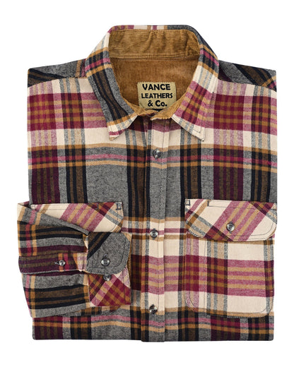 Vance Leather VB1718MCr Men's Cedarwood Plaid Long Sleeve Plaid Button Down Casual Flannel Shirt, 100% Cotton, Corduroy Cuffs