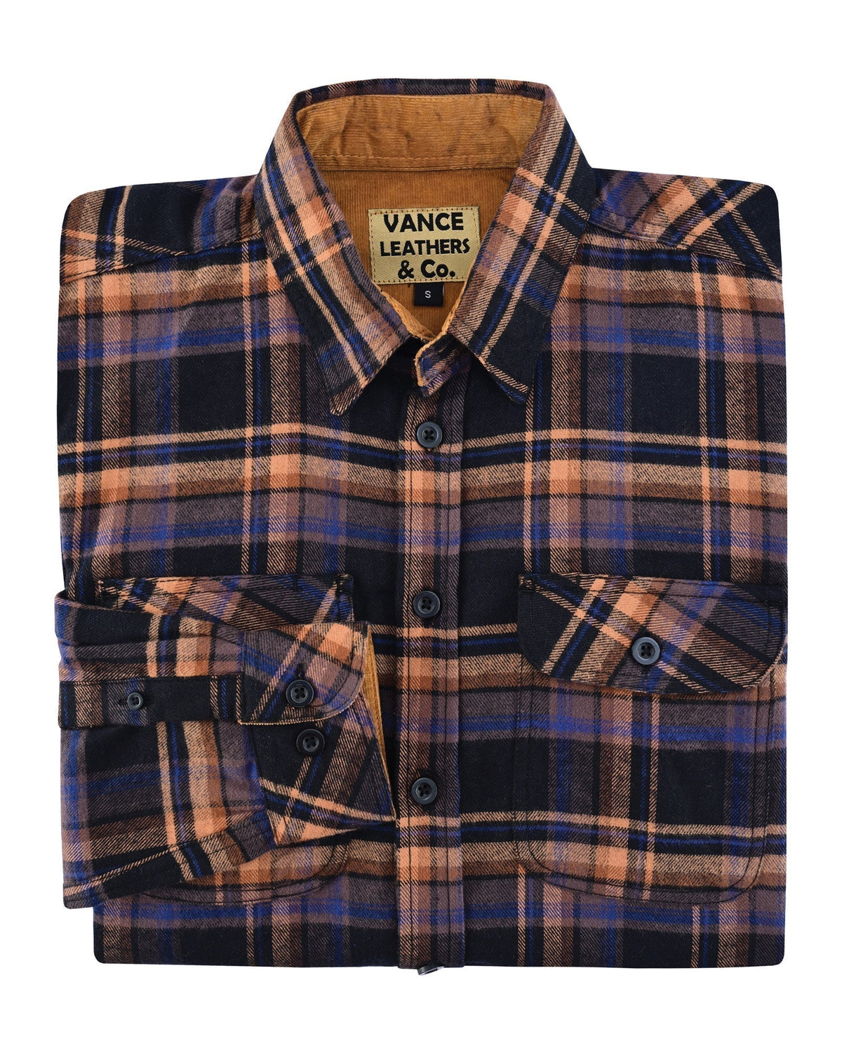 Vance Leather VB1712BT Men's Lumberjacket Midnight Rust Long Sleeve Plaid Button Down Casual Flannel Shirt, 100% Cotton, Corduroy Cuffs