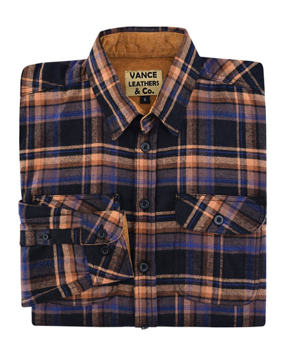 Vance Leather VB1712BT Men's Lumberjacket Midnight Rust Long Sleeve Plaid Button Down Casual Flannel Shirt, 100% Cotton, Corduroy Cuffs