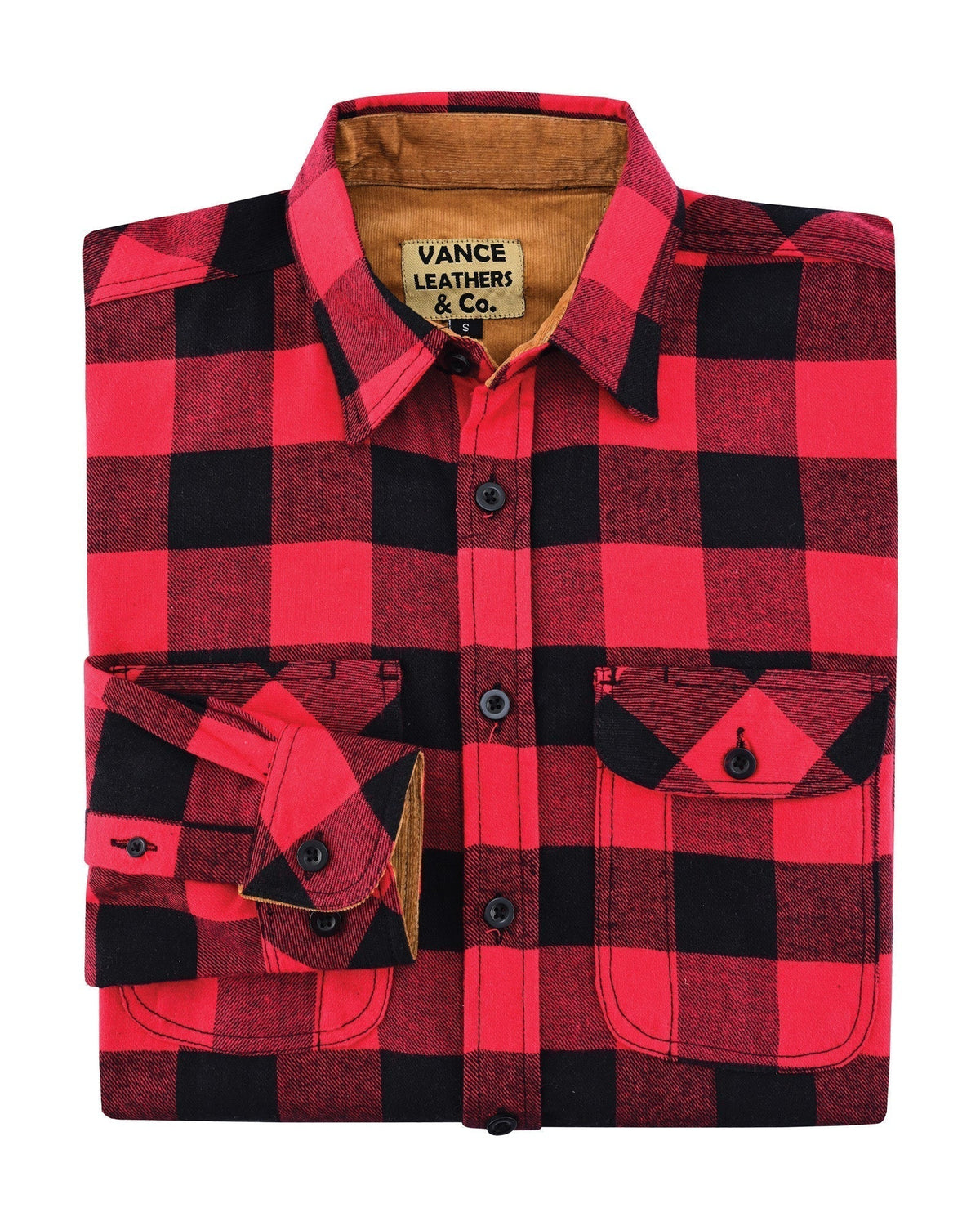 Vance Leather VB1710Br Men's Classic Red Long Sleeve Plaid Button Down Casual Flannel Shirt, 100% Cotton, Corduroy Cuffs