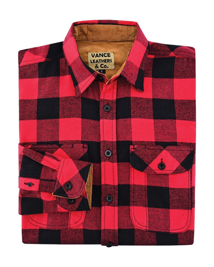 Vance Leather VB1710Br Men's Classic Red Long Sleeve Plaid Button Down Casual Flannel Shirt, 100% Cotton, Corduroy Cuffs