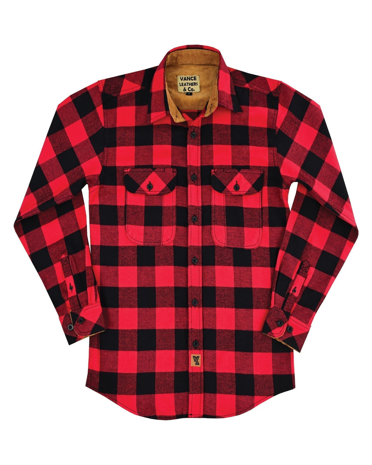 Vance Leather VB1710Br Men's Classic Red Long Sleeve Plaid Button Down Casual Flannel Shirt, 100% Cotton, Corduroy Cuffs