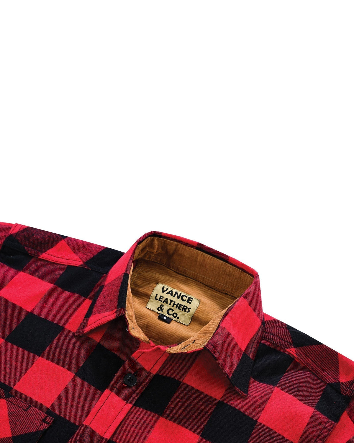 Vance Leather VB1710Br Men's Classic Red Long Sleeve Plaid Button Down Casual Flannel Shirt, 100% Cotton, Corduroy Cuffs