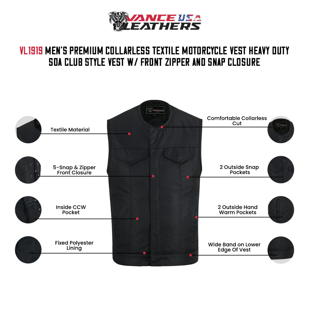 Mens Premium Collarless Textile Motorcycle Vest Heavy Duty SOA Club Style Vest w/ Front Zipper and Snap Closure
