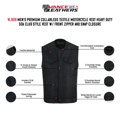 Mens Premium Collarless Textile Motorcycle Vest Heavy Duty SOA Club Style Vest w/ Front Zipper and Snap Closure