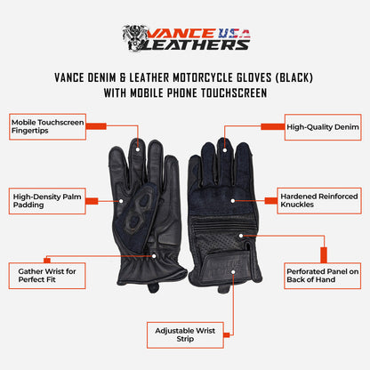 Vance Denim & Leather Motorcycle Gloves (Black) with Mobile Phone Touchscreen