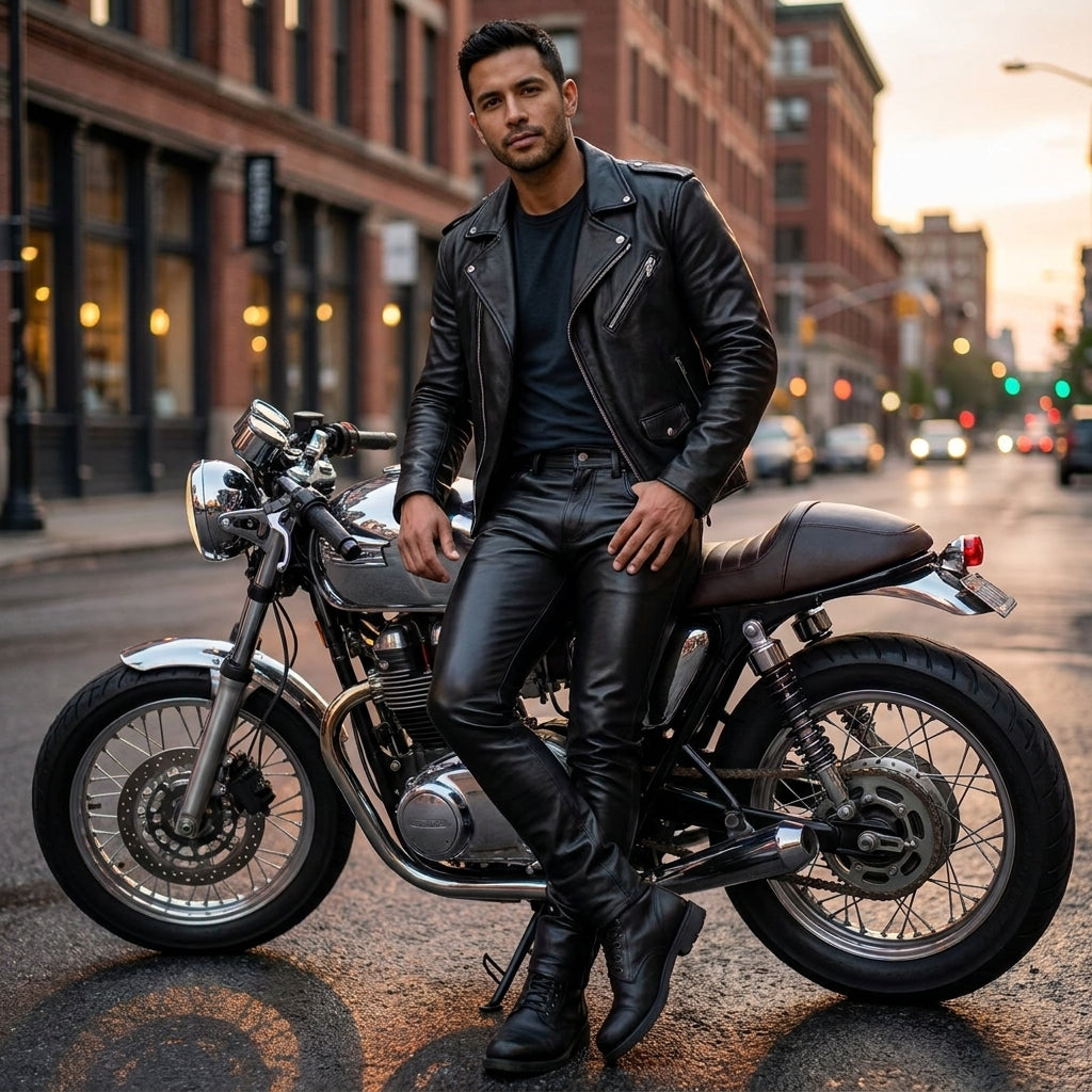 Rider wearing the slim black leather motorcycle pants beside a cafe racer