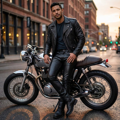Rider wearing the slim black leather motorcycle pants beside a cafe racer