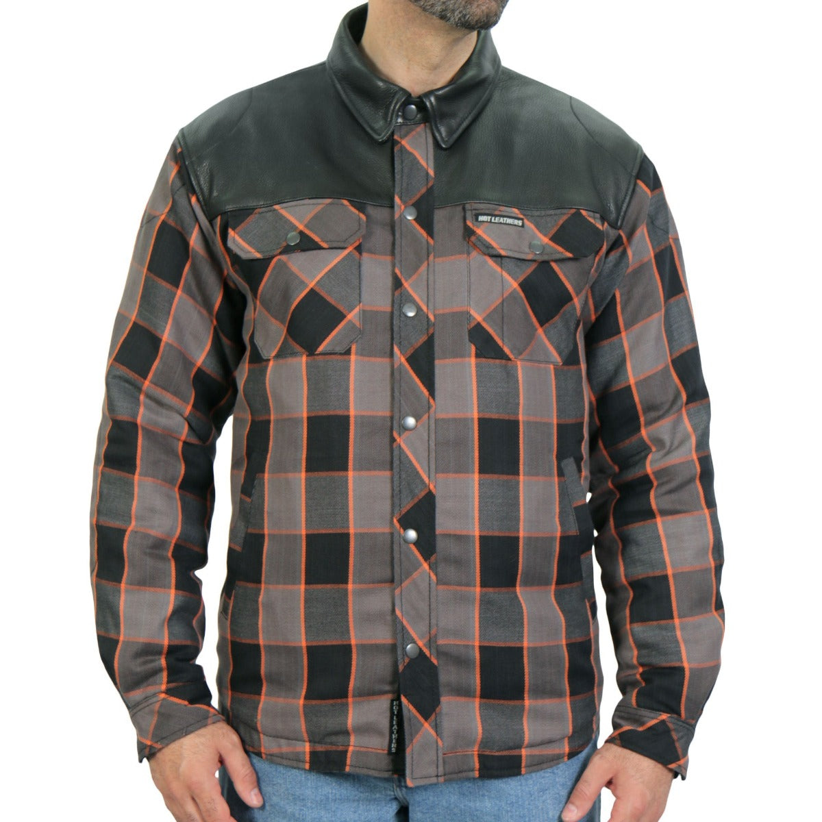 Hot Leathers Men's Kevlar Reinforced Leather Grey Black and Orange Flannel