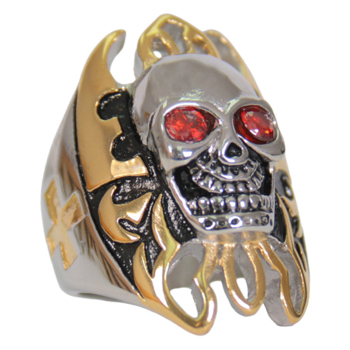 Hot Leathers Men's Silver Skull And Gold Tone Flames Stainless Steel Biker Ring