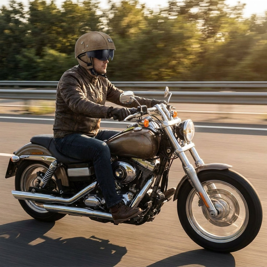 Rider wearing the leather German helmet with the smoked visor down