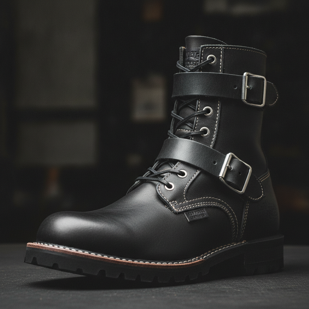 Wide-Fit Iron Reign motorcycle boot for wide feet showing dual lace and buckle closure system