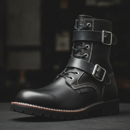 Wide-Fit Iron Reign motorcycle boot for wide feet showing dual lace and buckle closure system