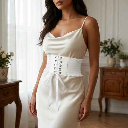 White lace up corset belt worn over an ivory satin slip dress