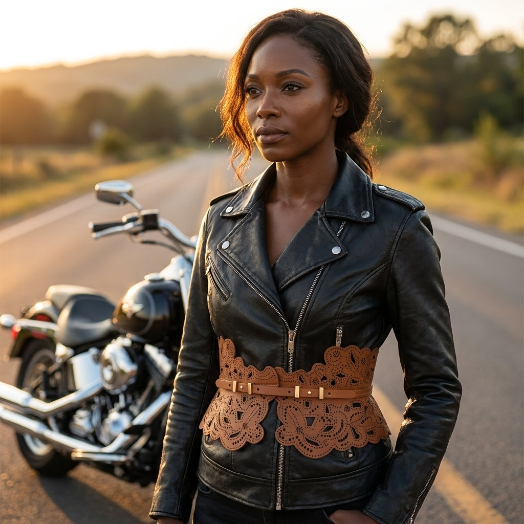 Rider wearing the tan leather corset belt over a leather jacket