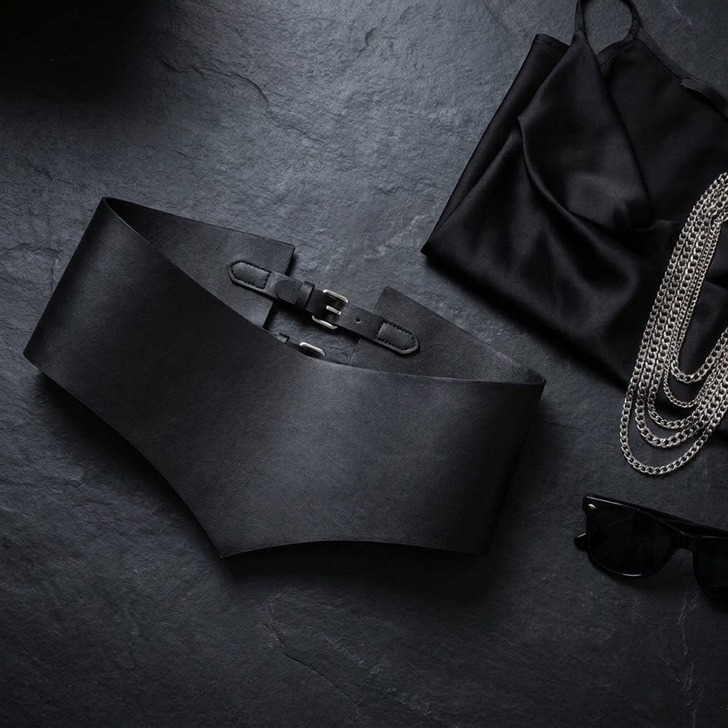 Wide black corset waist belt styled flat with silver chains and sunglasses