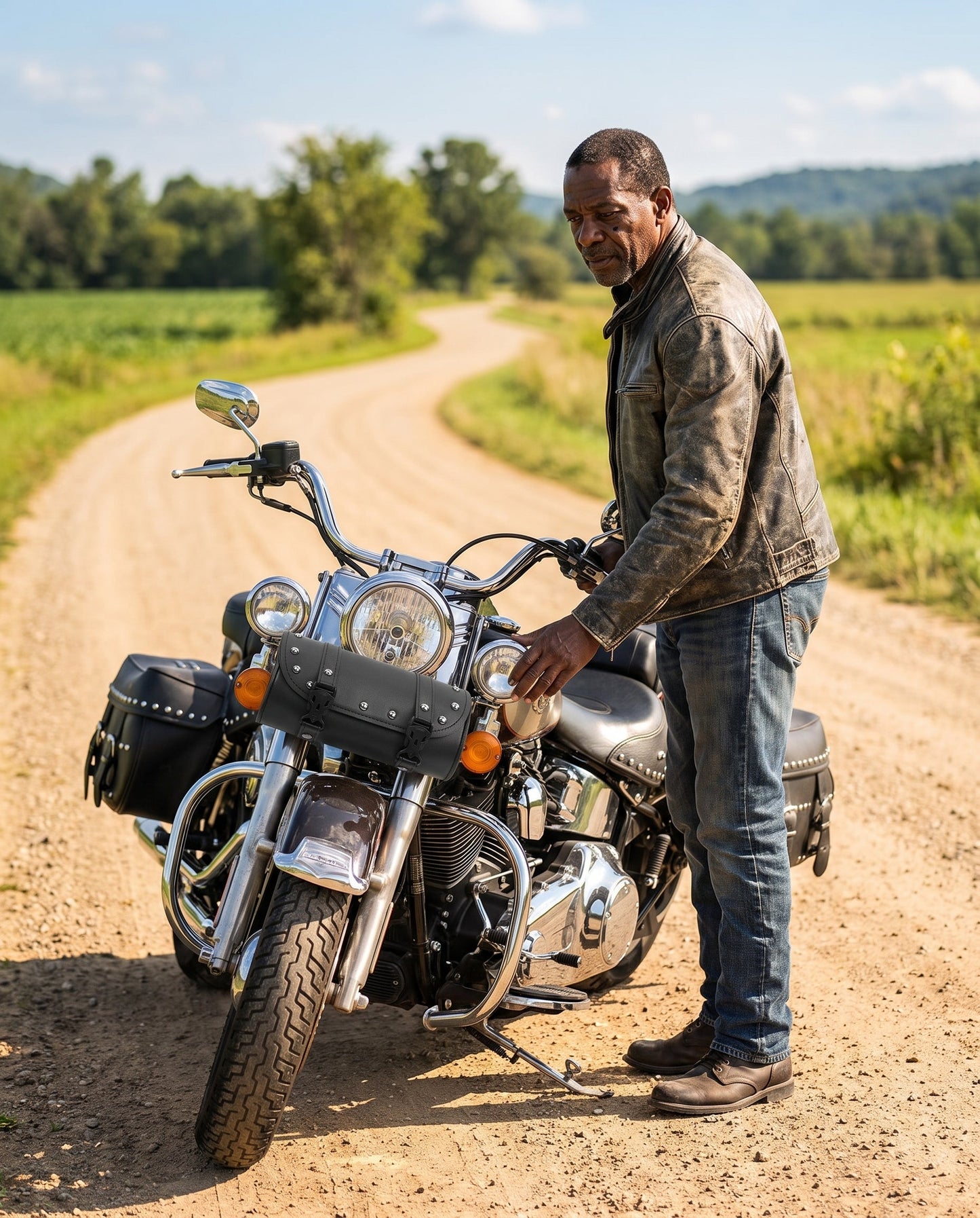 Rider with a black leather motorcycle fork bag on his cruiser