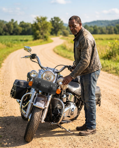 Rider with a black leather motorcycle fork bag on his cruiser