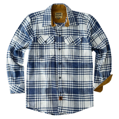 Men's Glacier Blue & White Long Sleeve Plaid Button Down Casual Flannel Shirt, 100% Cotton, Corduroy Collar & Cuffs