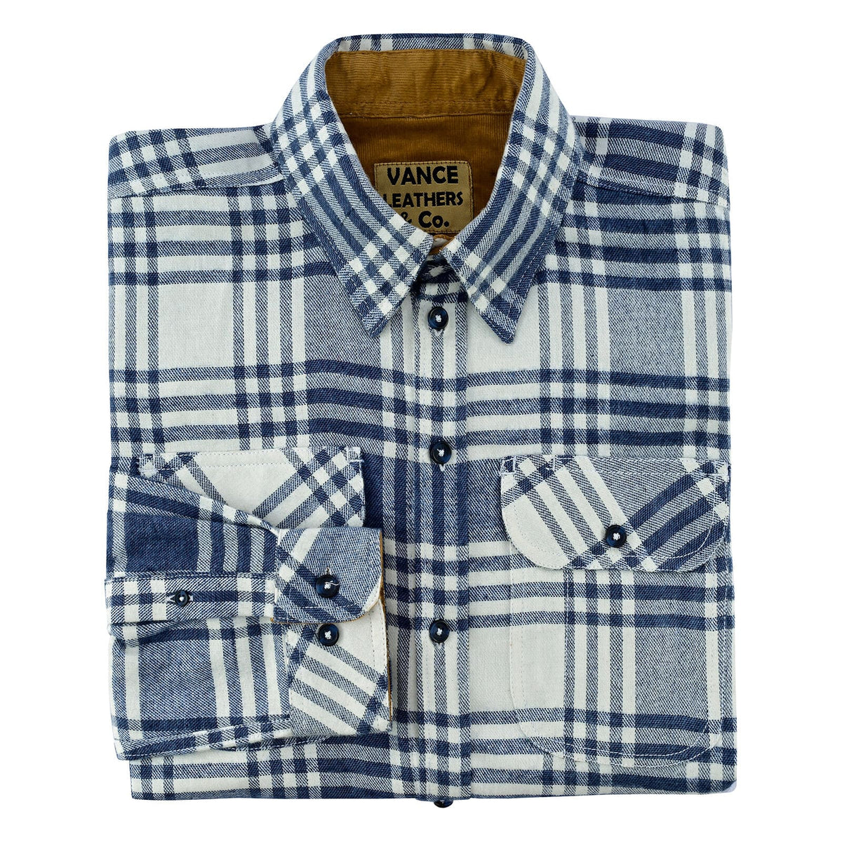 Men's Glacier Blue & White Long Sleeve Plaid Button Down Casual Flannel Shirt, 100% Cotton, Corduroy Collar & Cuffs