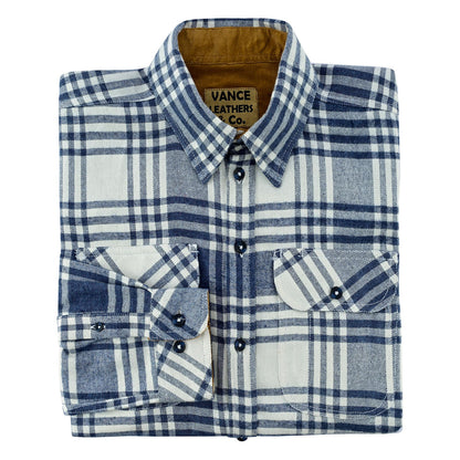 Men's Glacier Blue & White Long Sleeve Plaid Button Down Casual Flannel Shirt, 100% Cotton, Corduroy Collar & Cuffs