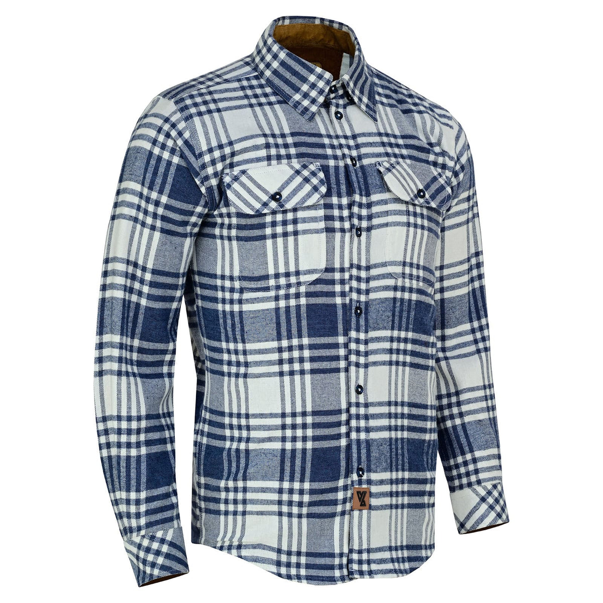 Men's Glacier Blue & White Long Sleeve Plaid Button Down Casual Flannel Shirt, 100% Cotton, Corduroy Collar & Cuffs