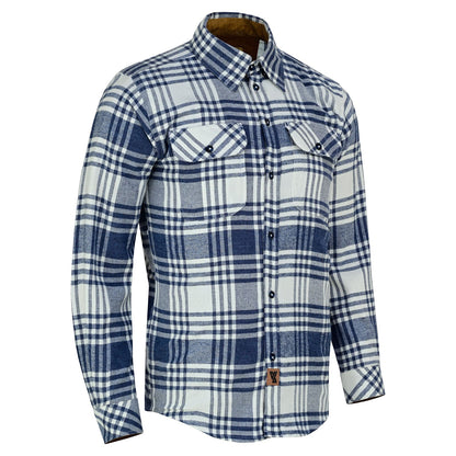 Men's Glacier Blue & White Long Sleeve Plaid Button Down Casual Flannel Shirt, 100% Cotton, Corduroy Collar & Cuffs